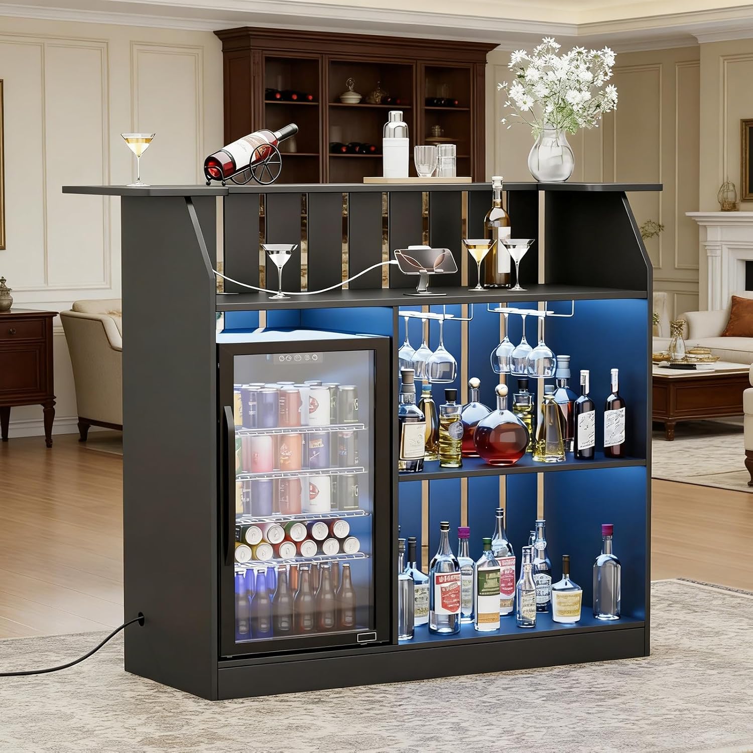 Home Bar And Fridge - U-Shape Bar Table Fridge Space 4-Tier